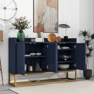 Dressoir met 4 greeploze deuren – gouden metalen poten – Blauw