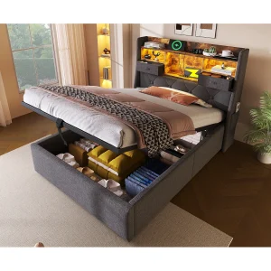 Eenpersoonsbed met opbergruimte 90x200cm met LED-verlichting, 2 lades, Type-C-aansluiting en 3 USB-poorten – Grijze linnen stof