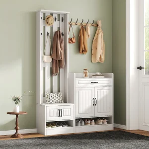 Entreeset met schoenenkast en kapstok – 4 deuren en lade – PB hout – Wit