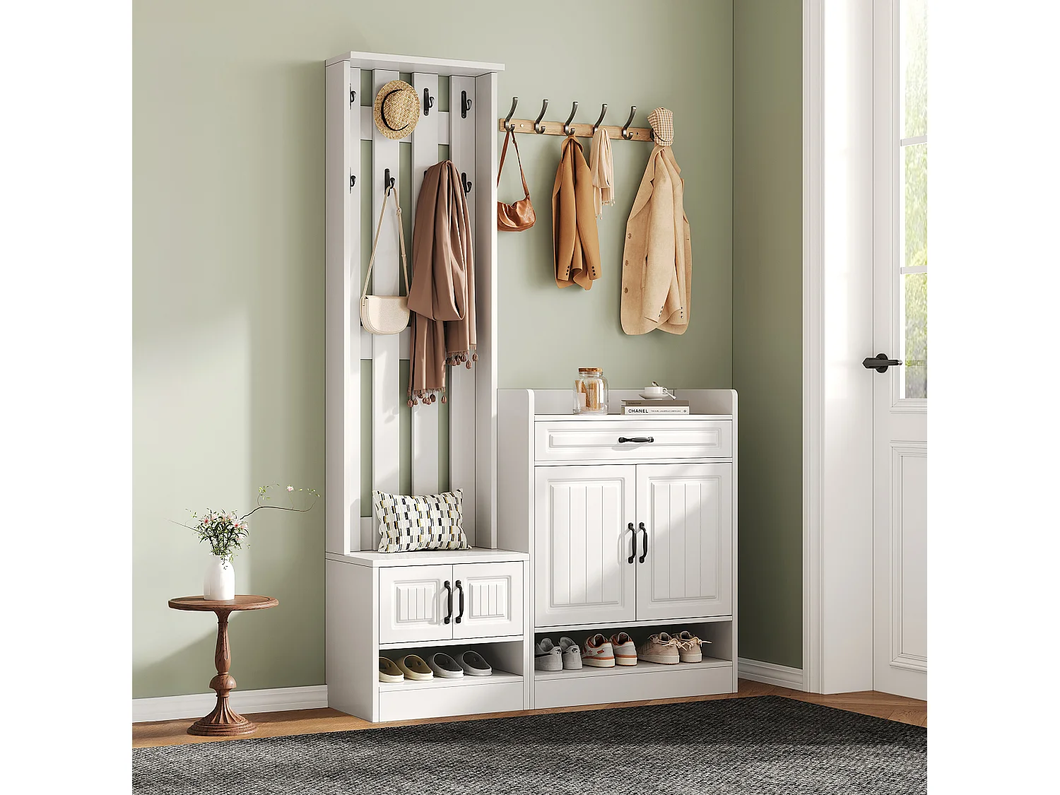 Entreeset met schoenenkast en kapstok - 4 deuren en lade - PB hout - Wit