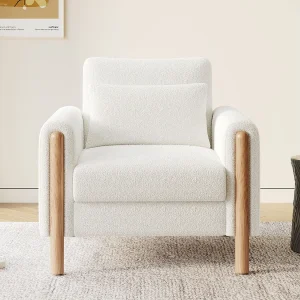 Fauteuil met lendensteun, houten frame, Teddy stof, wit Fauteuil met lendensteun, houten frame, Teddy stof, wit