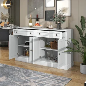 Dressoir 150x40x86 cm met vier deuren en twee lades. Witte spaanplaat voor woon- en eetkamer. Dressoir 150x40x86 cm met vier deuren en twee lades. Witte spaanplaat voor woon- en eetkamer.