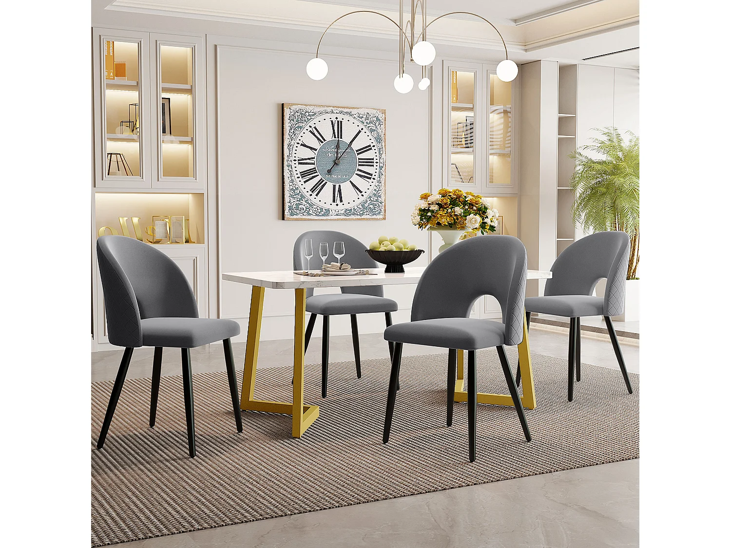Eettafelset 117x68x75 cm + 4 stoelen 44x46x86 cm. Verstelbare stoelpoten in grijs. Geschikt voor eetkamer en woonkamer.