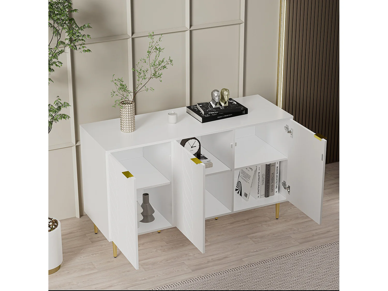 Dressoir 127x45x75 cm met twee planken en zes vakken. Gemaakt van wit MDF. Geschikt voor zowel de woonkamer als de eetkamer.