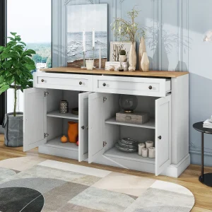 Dressoir 150x40x86 cm met vier deuren en twee lades. Spaanplaat. Kleur naturel en wit. Geschikt voor woonkamer en eetkamer. Dressoir 150x40x86 cm met vier deuren en twee lades. Spaanplaat. Kleur naturel en wit. Geschikt voor woonkamer en eetkamer.