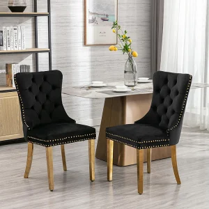 Eetkamerstoelen set in fluweel, eigentijds design met hoogwaardige capitonnering, massief hout, zwart en goud Eetkamerstoelen set in fluweel, eigentijds design met hoogwaardige capitonnering, massief hout, zwart en goud
