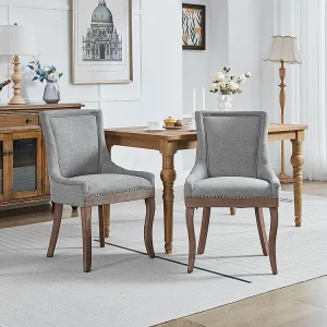 Extra brede eetkamerstoelen, gestoffeerde zittingen, bronzen spijkers, set van twee, grijs Extra brede eetkamerstoelen, gestoffeerde zittingen, bronzen spijkers, set van twee, grijs