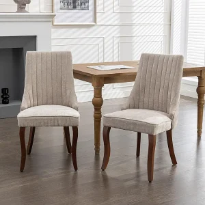 Eetkamerstoelen, set van twee, gestoffeerd met zachte vulling, gebogen poten van massief hout, linnen, beige Eetkamerstoelen, set van twee, gestoffeerd met zachte vulling, gebogen poten van massief hout, linnen, beige