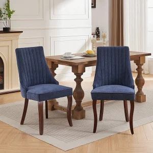 Eetkamerstoelen, set van twee, gestoffeerd met zachte vulling, gebogen poten van massief hout, linnen, blauw Eetkamerstoelen, set van twee, gestoffeerd met zachte vulling, gebogen poten van massief hout, linnen, blauw