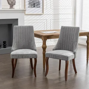 Eetkamerstoelen, set van twee, gestoffeerd met zachte vulling, gebogen poten van massief hout, linnen, grijs