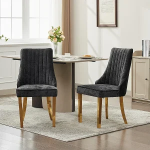 Eetkamerstoelen, set van twee, gestoffeerd met zachte vulling, gebogen poten van massief hout, linnen, zwart