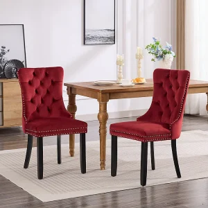 Eetkamerstoelen set, met houten poten en spijkerbeslag, fluwelen bekleding, massief houten frame, rood Eetkamerstoelen set, met houten poten en spijkerbeslag, fluwelen bekleding, massief houten frame, rood