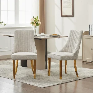 Eetkamerstoelen, set van twee, gestoffeerd met zachte vulling, gebogen poten van massief hout, linnen, lichtbeige