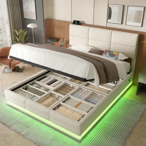 Fluwelen bed 140×200 cm met verstelbaar hoofdeinde, USB/Type-C, sfeervolle ledverlichting, hydraulisch hefsysteem en grote opbergruimte – Beige Fluwelen bed 140×200 cm met verstelbaar hoofdeinde, USB/Type-C, sfeervolle ledverlichting, hydraulisch hefsysteem en grote opbergruimte – Beige