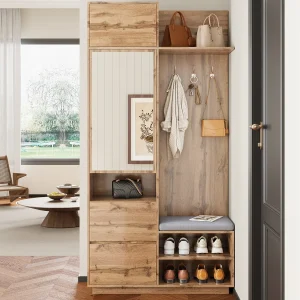 Garderobeset voor de entree 90×34.5x190cm – Schoenenkast en een bank – Spiegel en haken – 2 deuren en 1 lade – Natuur Garderobeset voor de entree 90×34.5x190cm – Schoenenkast en een bank – Spiegel en haken – 2 deuren en 1 lade – Natuur