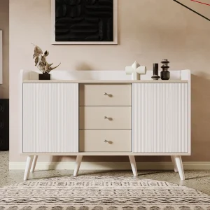 Dressoir met verfijnde houtnerf voor slaapkamer en woonkamer – 117,5 x 40 x 80 cm – met 3 lades + 2 deuren – spaanplaat – wit