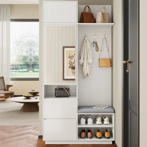 Garderobeset voor de entree 90×34.5x190cm – Schoenenkast en een bank – Spiegel en haken – 2 deuren en 1 lade – Wit Garderobeset voor de entree 90×34.5x190cm – Schoenenkast en een bank – Spiegel en haken – 2 deuren en 1 lade – Wit
