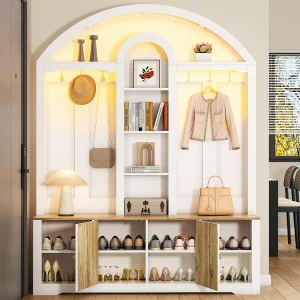 Garderobeset voor de entree 150x40x195 cm – Schoenenkast – met LED-verlichting – Open plank – met haken – 2 deuren – MDF – Wit Garderobeset voor de entree 150x40x195 cm – Schoenenkast – met LED-verlichting – Open plank – met haken – 2 deuren – MDF – Wit