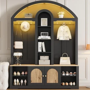 Garderobeset voor de entree 150x40x195 cm – Schoenenkast – met LED-verlichting – Open plank – met haken – 2 deuren – MDF – Zwart Garderobeset voor de entree 150x40x195 cm – Schoenenkast – met LED-verlichting – Open plank – met haken – 2 deuren – MDF – Zwart