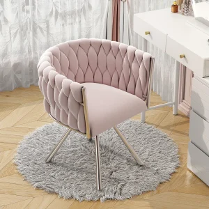 Fluwelen kaptafelstoel – 59 x 54 x 72 cm – luxe draaistoel voor slaapkamer – metalen poten – roze