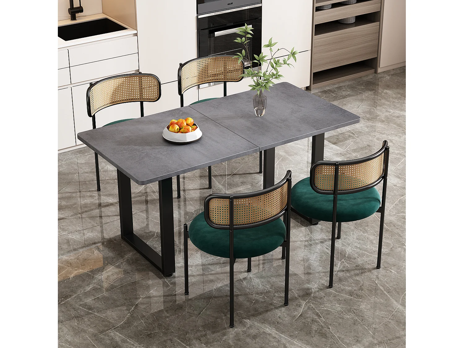Eetkamertafel en stoelenset (5 stuks) - 4 fluwelen stoelen en 1 tafel - spaanplaat - groen en zwart.