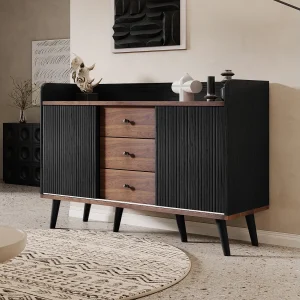 Elegant dressoir met houtnerf voor slaapkamer en woonkamer – 117,5 x 40 x 80 cm – met 3 laden + 2 deuren – spaanplaat – zwart Elegant dressoir met houtnerf voor slaapkamer en woonkamer – 117,5 x 40 x 80 cm – met 3 laden + 2 deuren – spaanplaat – zwart