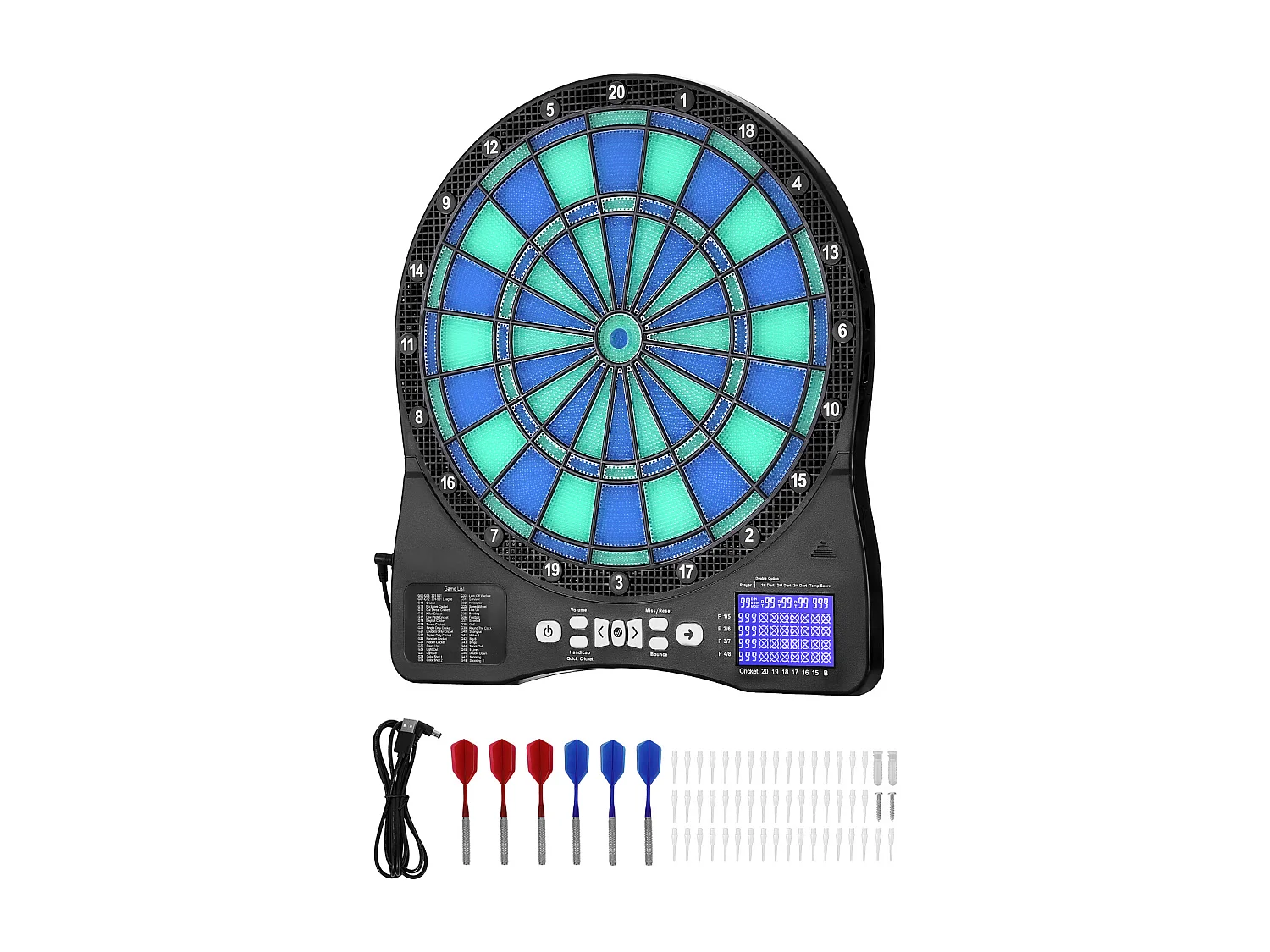 Elektronisch Dartbord SucceBuy voor 8 Spelers, Dartbord LED-verlicht met 48 Spellen en Meer dan 500 Varianten, 6 Dartpijlen voor Een Feestje