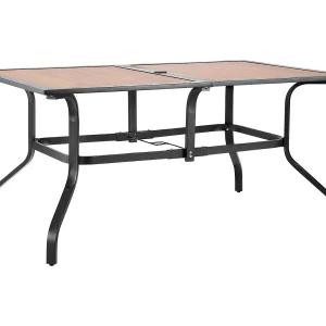 Eettafel SucceBuy voor Buiten Terras, 150.5 cm, Bistro Tafel Rechthoekig van Staal Houtlook, met Gat voor Parasol van 3.8 cm, Bruin En Zwart Eettafel SucceBuy voor Buiten Terras, 150.5 cm, Bistro Tafel Rechthoekig van Staal Houtlook, met Gat voor Parasol van 3.8 cm, Bruin En Zwart