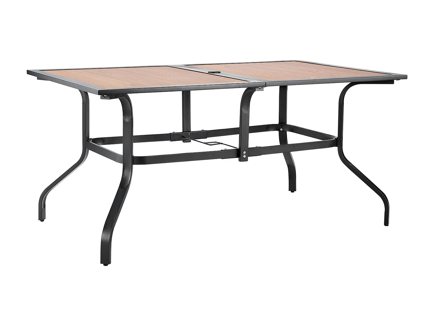 Eettafel SucceBuy voor Buiten Terras, 150.5 cm, Bistro Tafel Rechthoekig van Staal Houtlook, met Gat voor Parasol van 3.8 cm, Bruin En Zwart