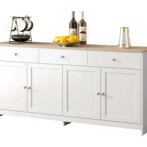Dressoir met witte houtnerf, 4 deuren, 3 laden, 160 x 37 x 75 cm, voor woonkamer, eetkamer