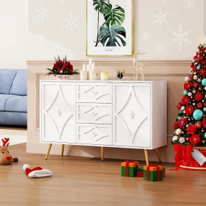 Elegant wit dressoir 120 x 40 x 80 cm, 3 laden, 2 deuren, gouden poten, ruitpatroon Elegant wit dressoir 120 x 40 x 80 cm, 3 laden, 2 deuren, gouden poten, ruitpatroon