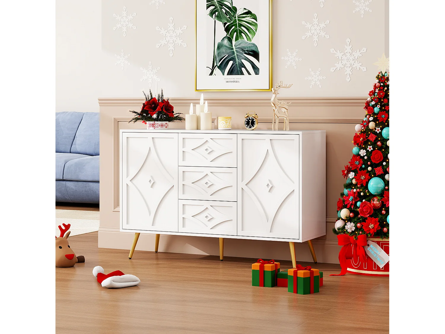 Elegant wit dressoir 120 x 40 x 80 cm, 3 laden, 2 deuren, gouden poten, ruitpatroon
