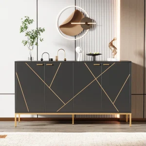 Dressoir 150 x 40 x 80 cm met gouden metalen handgrepen en poten voor woonkamer en eetkamer, Zwart Dressoir 150 x 40 x 80 cm met gouden metalen handgrepen en poten voor woonkamer en eetkamer, Zwart