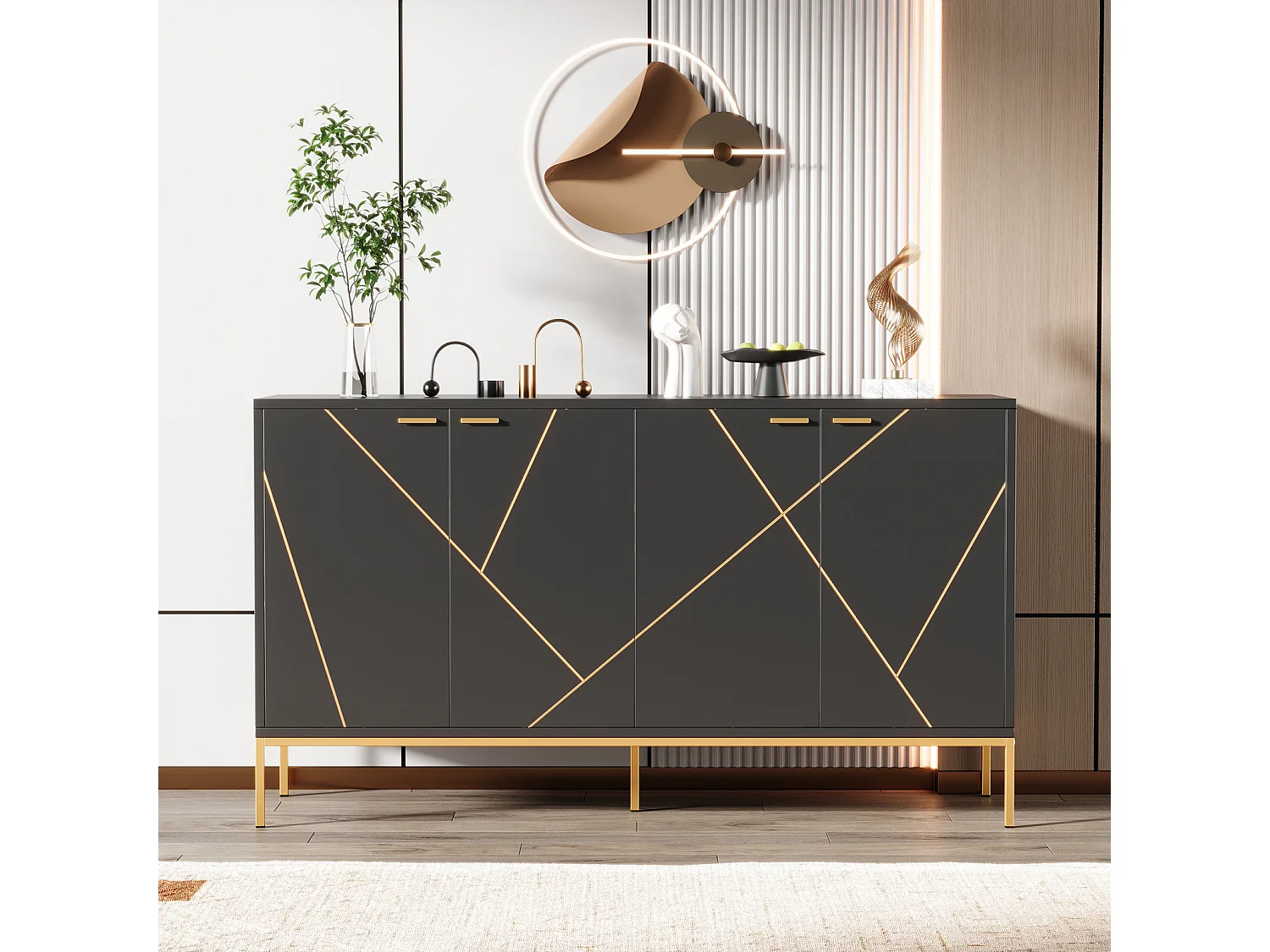 Dressoir 150 x 40 x 80 cm met gouden metalen handgrepen en poten voor woonkamer en eetkamer, Zwart