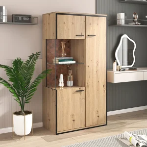 Dressoir met LED-verlichting, glazen deur, opbergruimte, glazen plank, 78 x 40 x 150 cm, Naturel