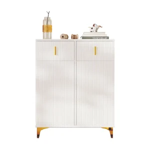 Dressoir met structuurpanelen, verstelbare planken en gouden versieringen, met lades. Wit.