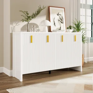 Dressoir met 4 deuren en verstelbare planken, 140x38x80 cm, Houten kast, Voor hal, woonkamer, Wit Dressoir met 4 deuren en verstelbare planken, 140x38x80 cm, Houten kast, Voor hal, woonkamer, Wit