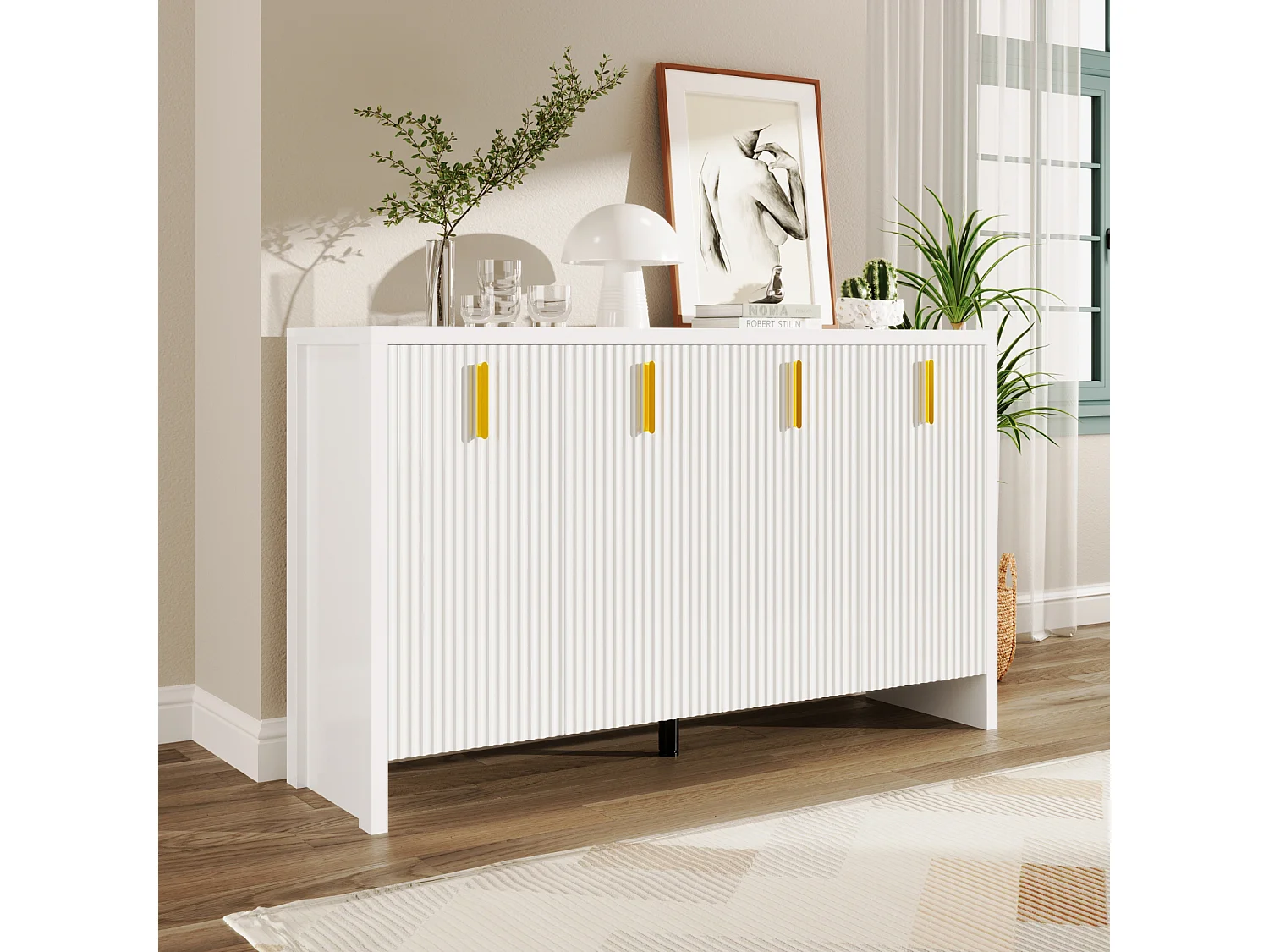 Dressoir met 4 deuren en verstelbare planken, 140x38x80 cm, Houten kast, Voor hal, woonkamer, Wit
