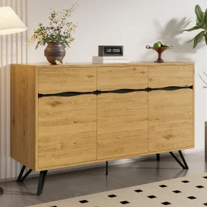Driedeurs dressoir met metalen poten, voor slaapkamer, woonkamer, 140 x 40 x 75,5 cm, Hout Driedeurs dressoir met metalen poten, voor slaapkamer, woonkamer, 140 x 40 x 75,5 cm, Hout