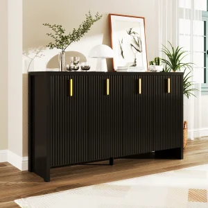 Dressoir met 4 deuren en verstelbare planken, 140x38x80 cm, Houten kast, Voor hal, woonkamer, Zwart Dressoir met 4 deuren en verstelbare planken, 140x38x80 cm, Houten kast, Voor hal, woonkamer, Zwart