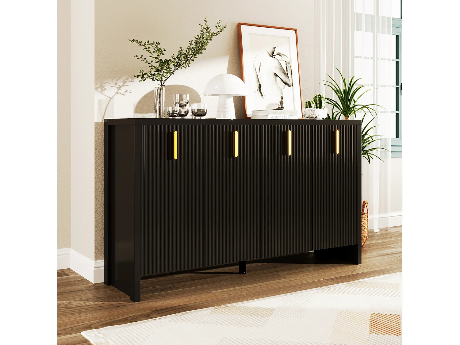 Dressoir met 4 deuren en verstelbare planken, 140x38x80 cm, Houten kast, Voor hal, woonkamer, Zwart