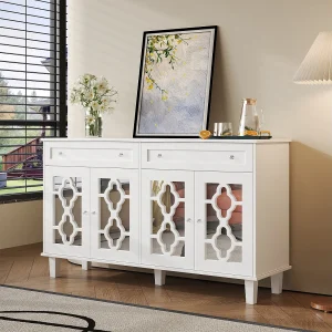 Dressoir met 2 lades en 4 spiegeldeuren, met verstelbare planken, 140 x 40 x 83 cm, wit Dressoir met 2 lades en 4 spiegeldeuren, met verstelbare planken, 140 x 40 x 83 cm, wit