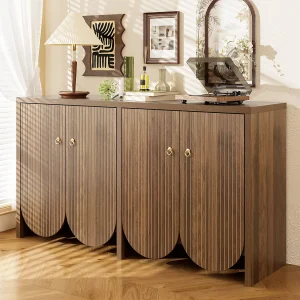 Dressoir met notenhouten look 147 × 40 × 80 cm – Kast met 4 deuren – voor woonkamer, eetkamer en hal