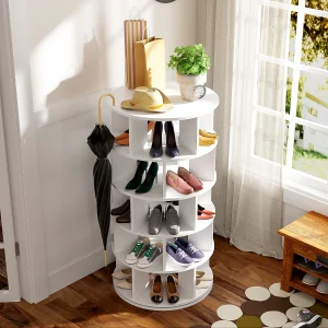 Draaibare schoenenrek met 5 planken – Rond wit hout