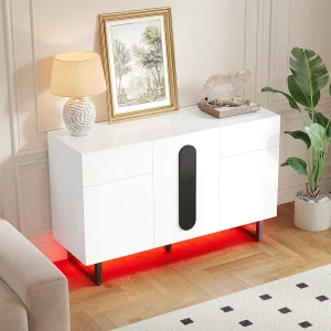 Dressoir met LED-verlichting, 3 deuren en 2 lades – Metalen poten – Wit