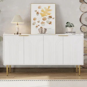 Dressoir met 4 deuren – Gouden metalen poten – Wit 140x38x75cm Dressoir met 4 deuren – Gouden metalen poten – Wit 140x38x75cm