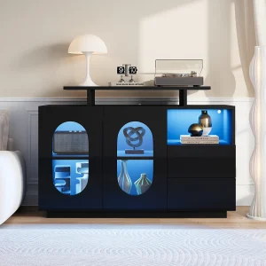 Dressoir met LED-verlichting, 2 ovale glazen deuren en 2 lades – Glanzende afwerking – Zwart