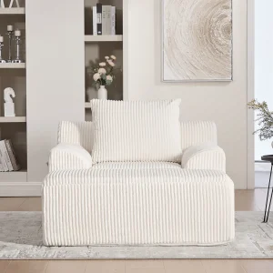 Fauteuil van corduroystof met beugel, zijzakken en kussens – Beige Fauteuil van corduroystof met beugel, zijzakken en kussens – Beige
