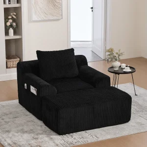 Fauteuil van corduroystof met beugel, zijzakken en kussens – Zwart Fauteuil van corduroystof met beugel, zijzakken en kussens – Zwart