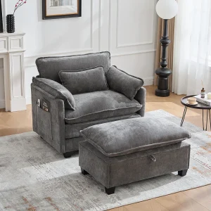 Fauteuil met opbergruimte voetenbank en kussen – Chenille stof – Grijs Fauteuil met opbergruimte voetenbank en kussen – Chenille stof – Grijs